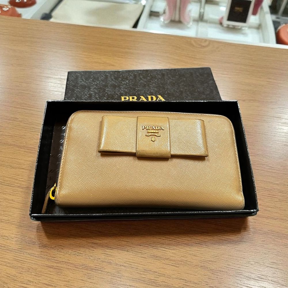 Prada Beige Saffiano Leather Bow Zip Around Wallet w/Gold Hardware